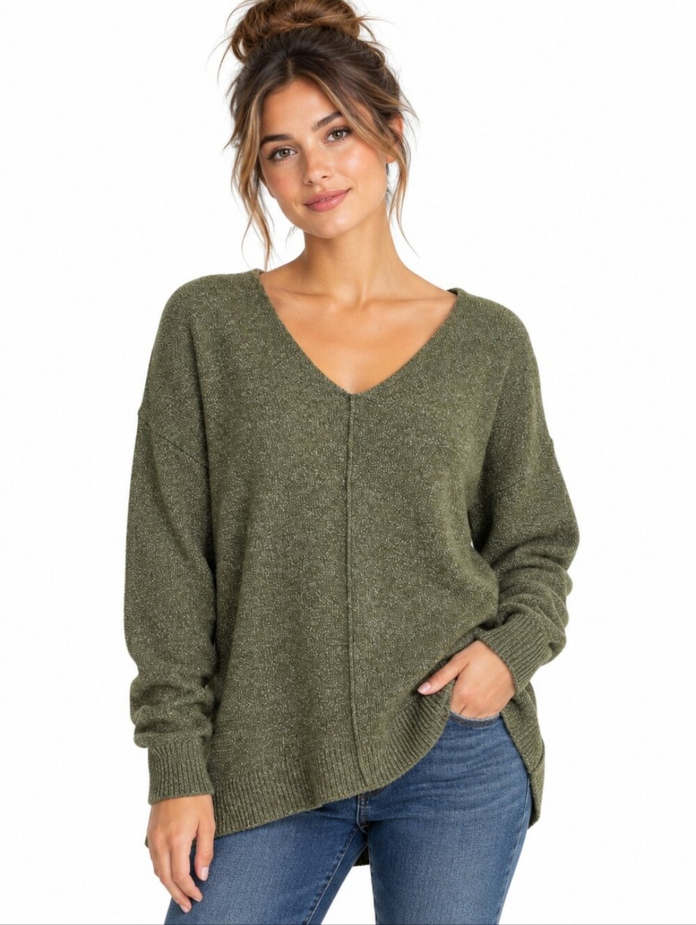 a.n.a. Sweater Size S Olive Green V Neck Relaxed Fit Pullover